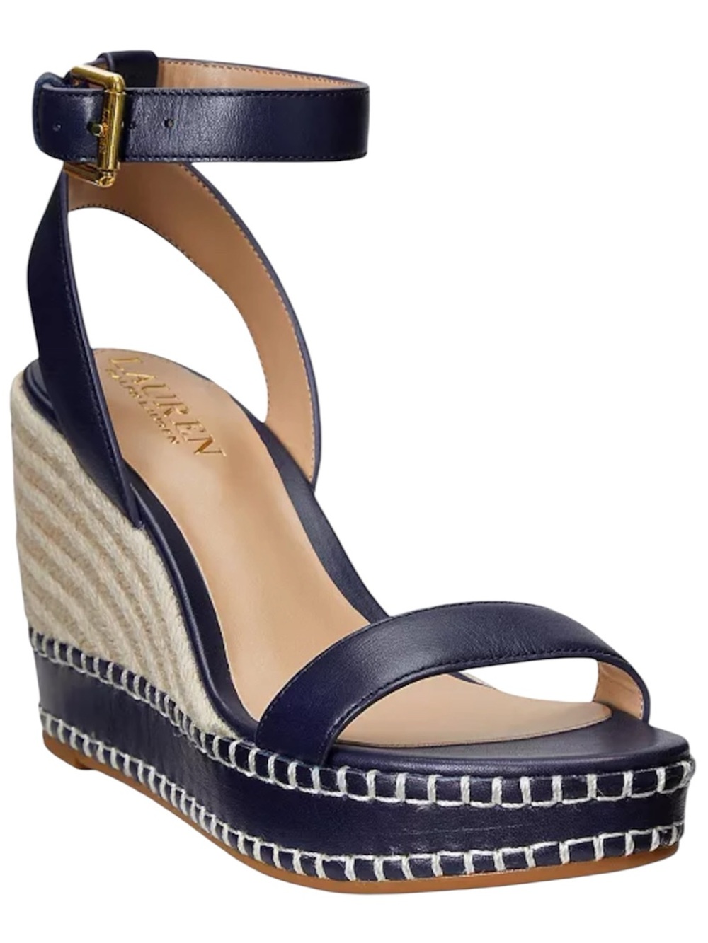 Ralph Lauren Navy Leather Ankle-Strap Espadrille Wedge Sandal